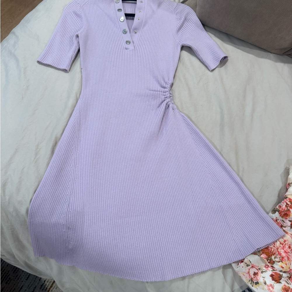 Maje Lilac Ribbed Midi Dress with Button Placket